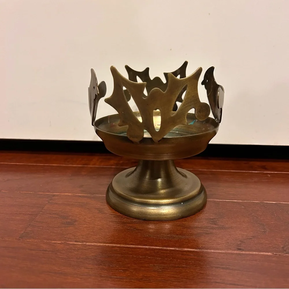Vintage Brass Birds Flower Pedestal Decorative Tray Candle Holder Cutout Rim